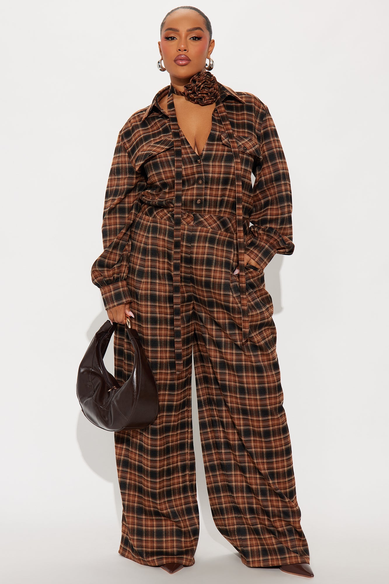 Zakai Plaid Pant Set - Brown Combo