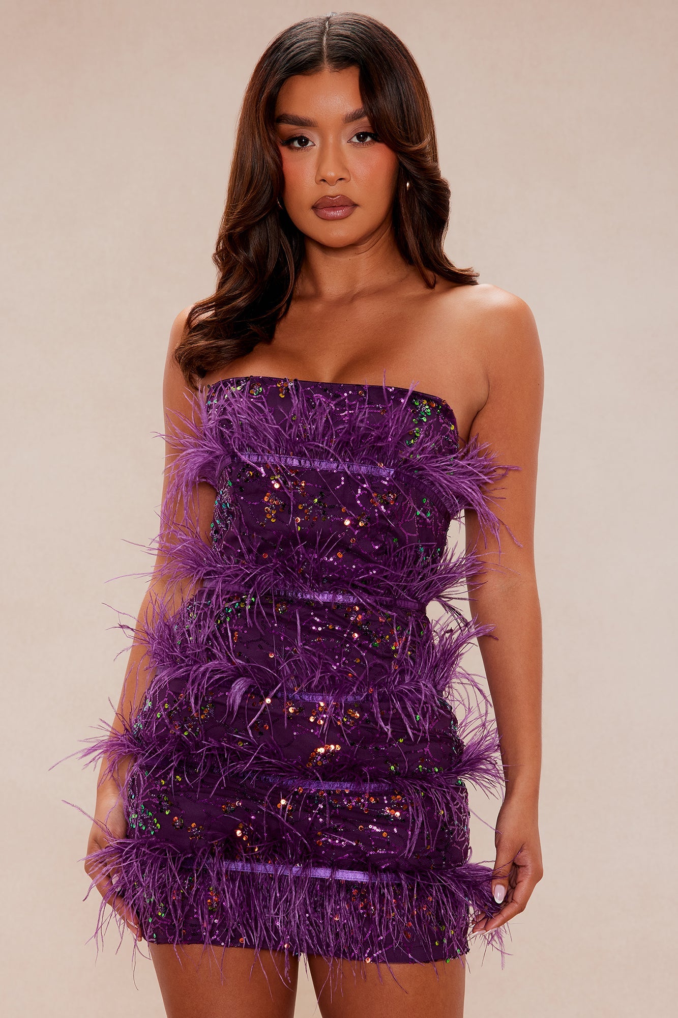 Silvia Feathered Sequin Mini Dress - Purple