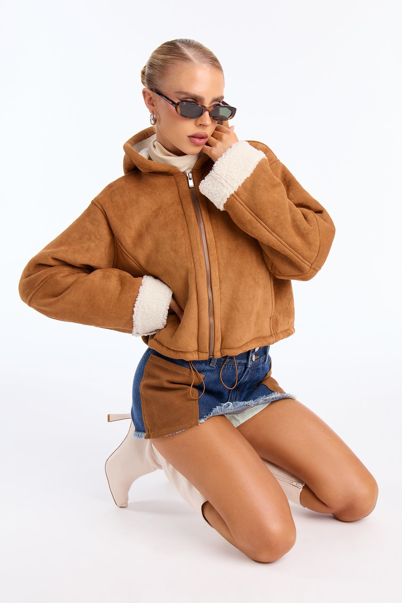 Eskimo Kiss Faux Suede Hooded Coat - Camel