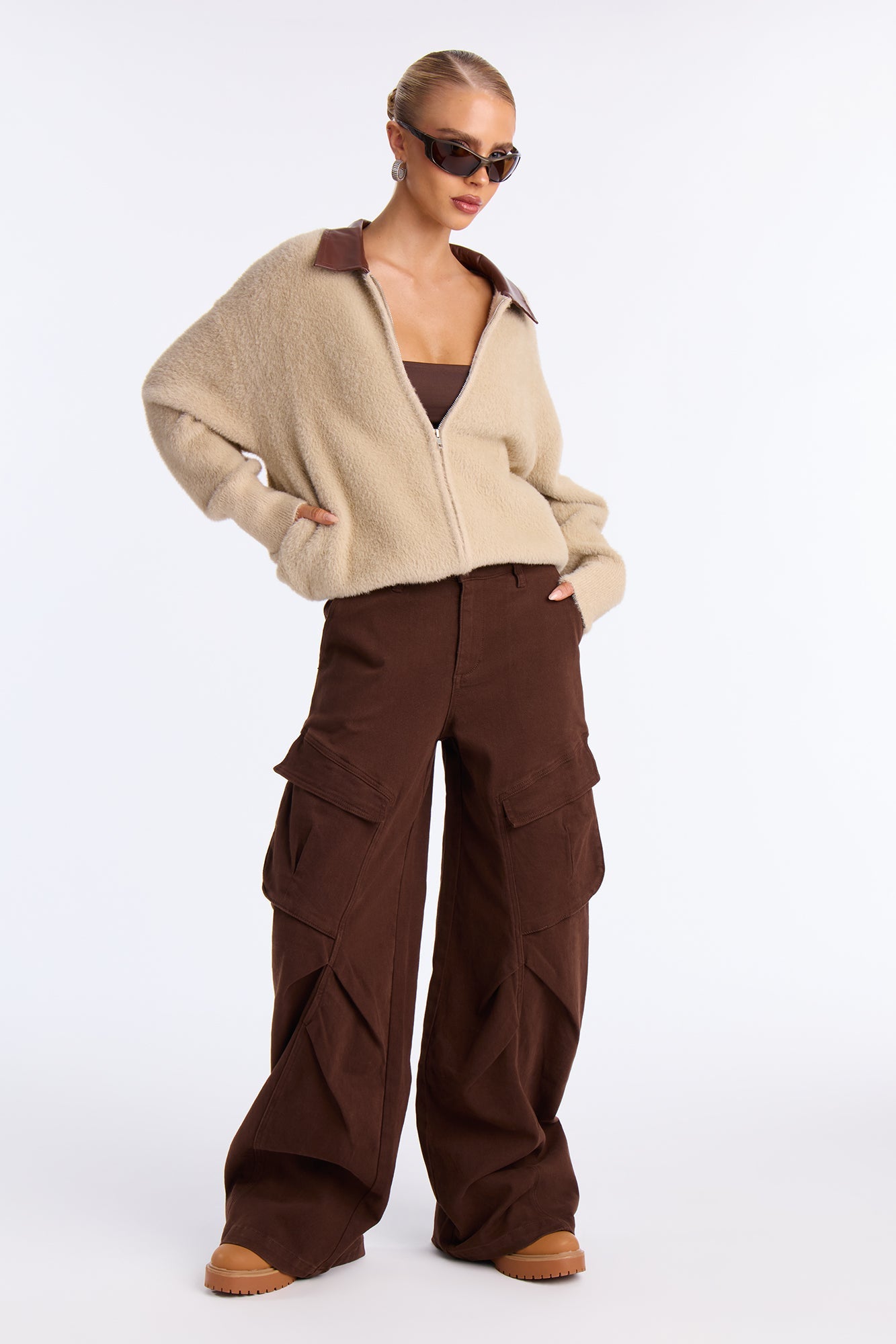 Got That Sense Front Zip Fuzzy Cardigan - Taupe/combo