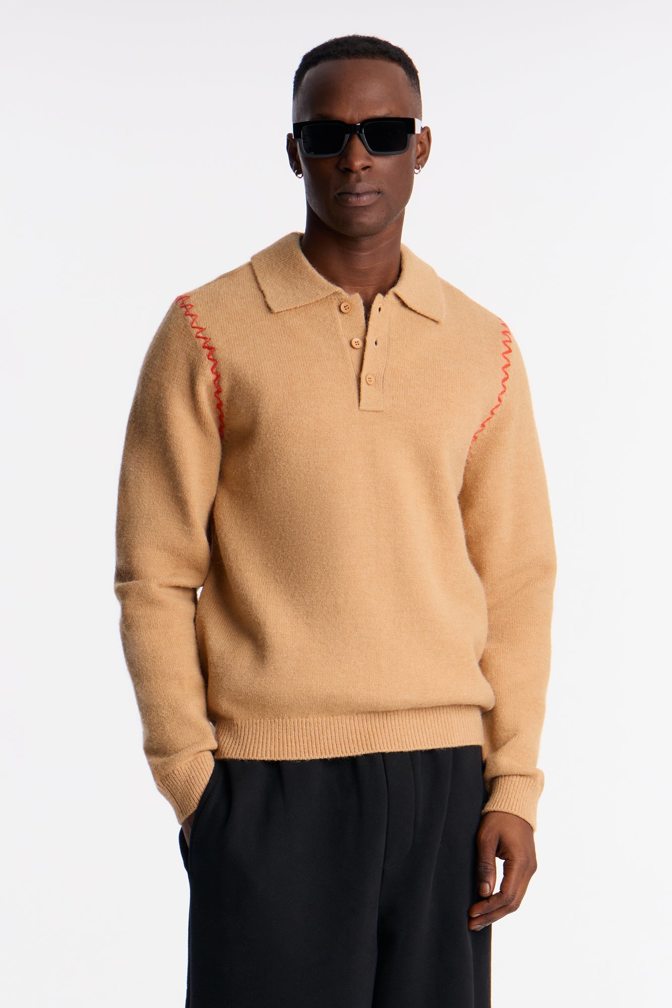 Crispin Contrast Stitch Sweater Polo - Tan
