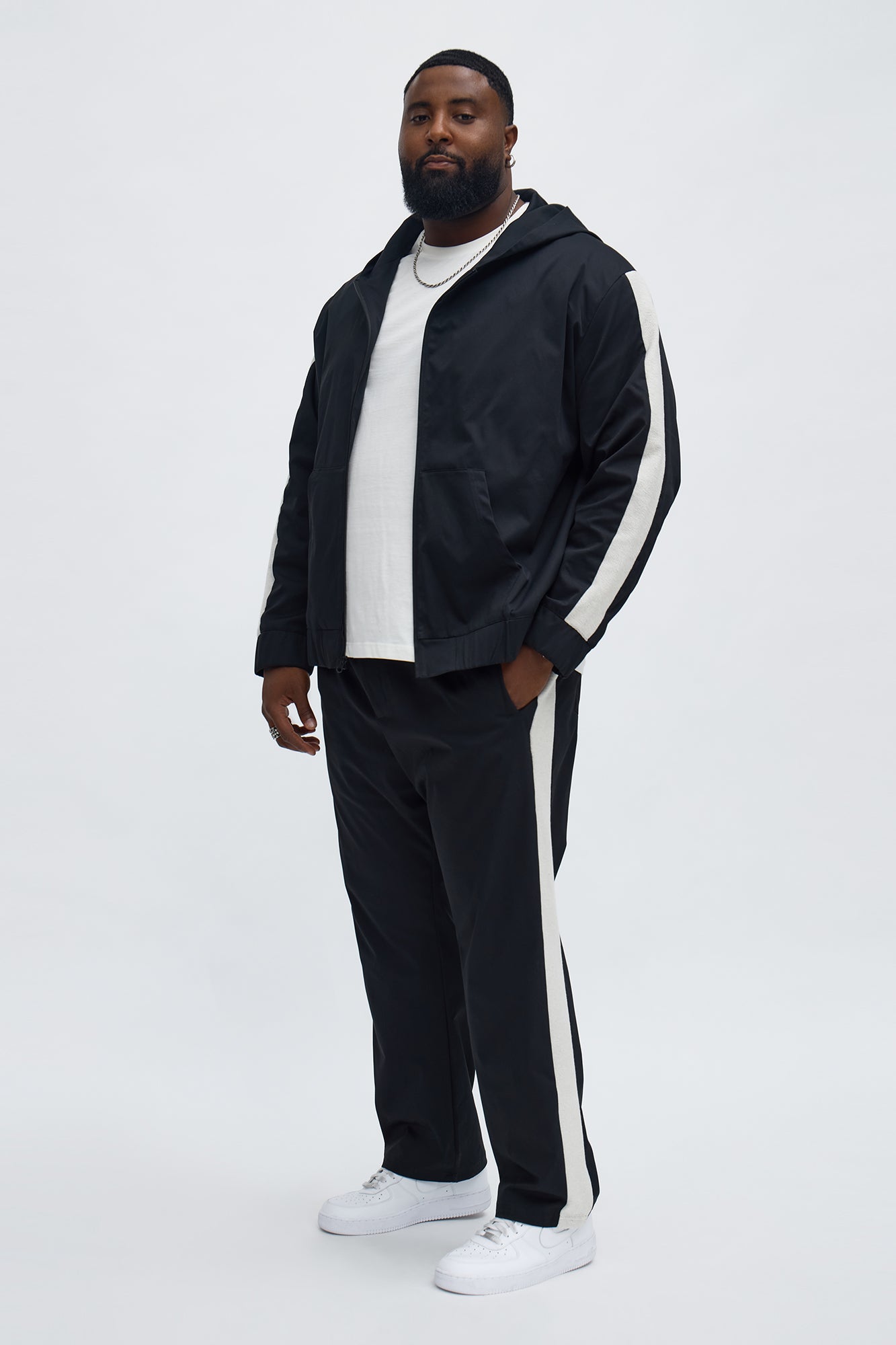 Knit Striped Zip Hooded Jacket - Black