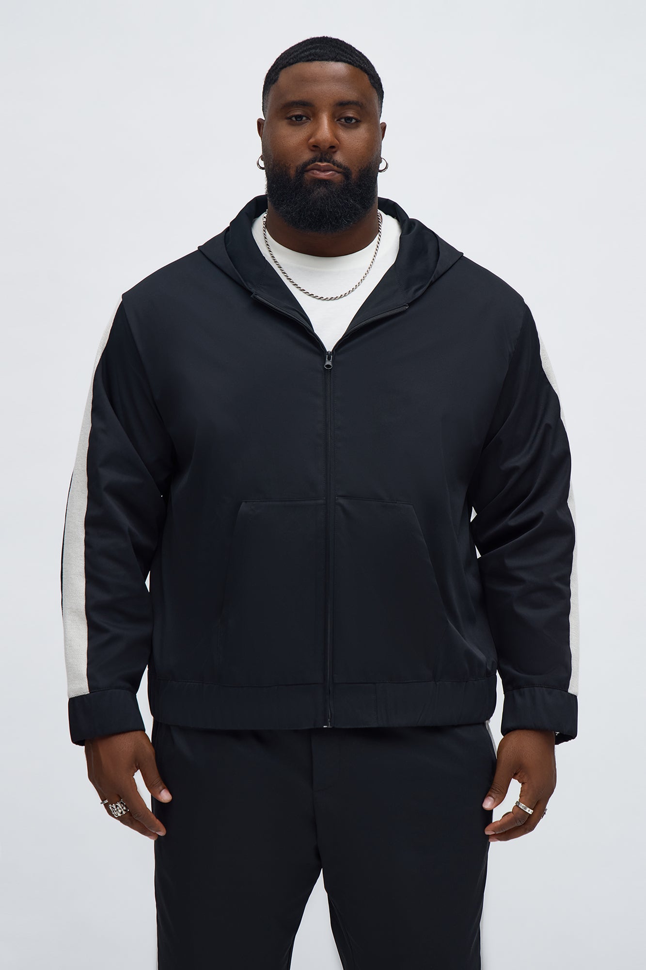Knit Striped Zip Hooded Jacket - Black