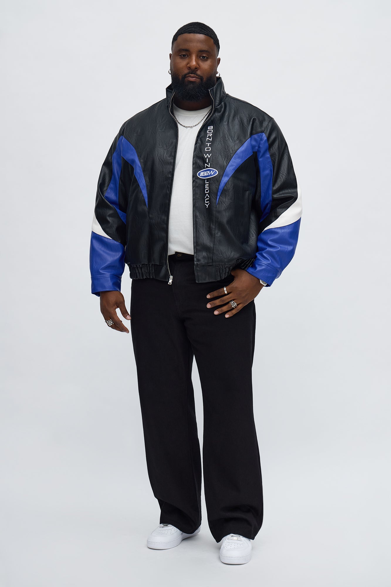 Colorblock Racer Faux Leather Bomber Jacket - Black