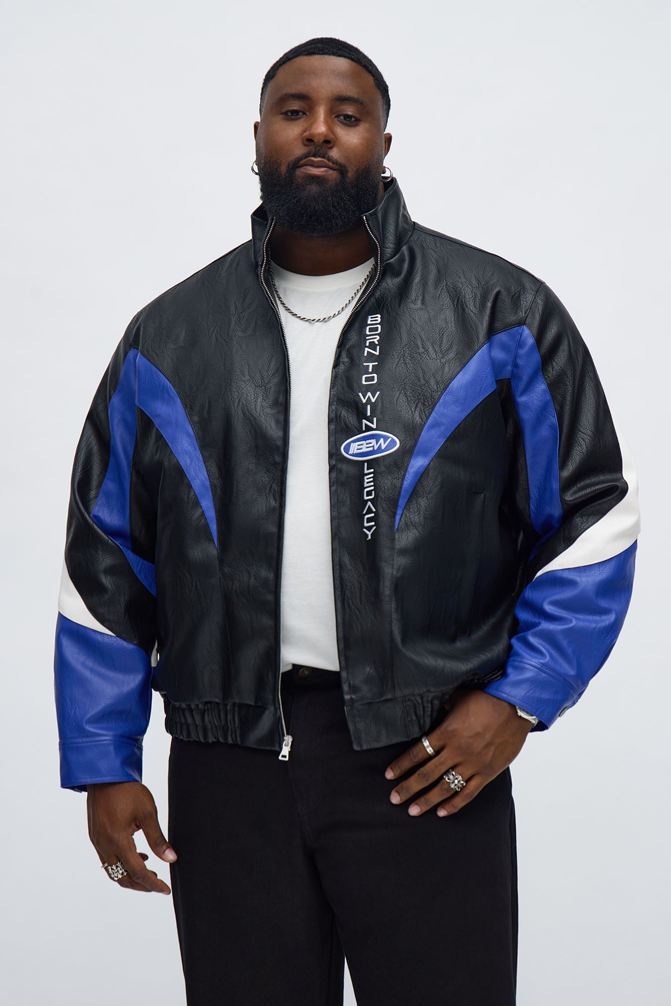 Colorblock Racer Faux Leather Bomber Jacket - Black