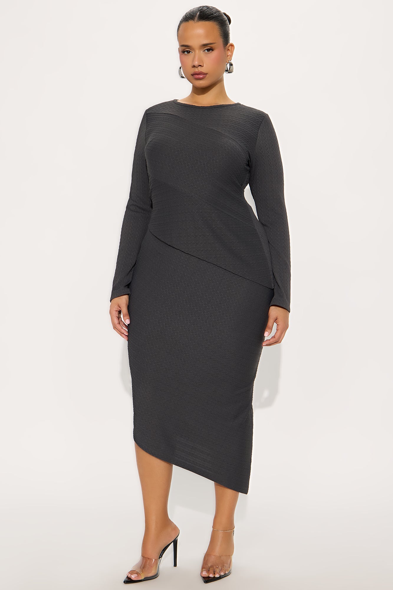 Date Ready Asymmetrical Textured Midi Skirt Set - Charcoal