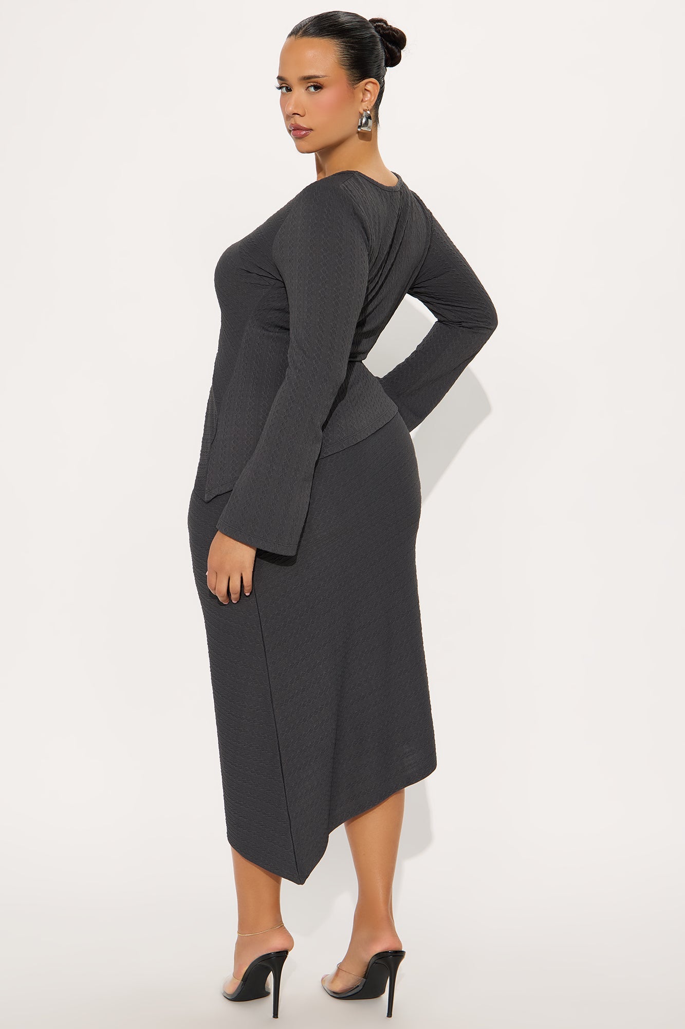 Date Ready Asymmetrical Textured Midi Skirt Set - Charcoal
