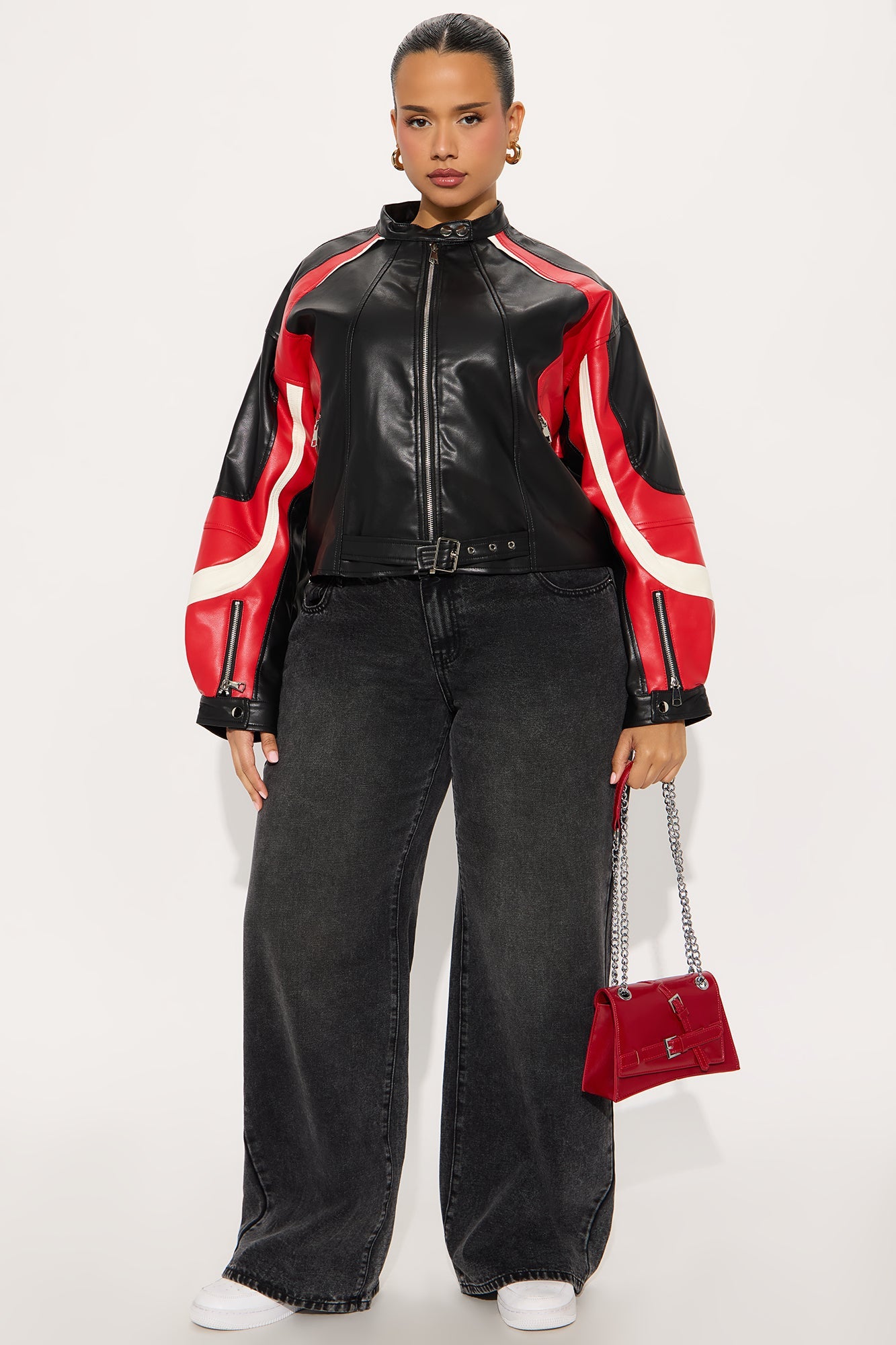 Stay In Line Faux Leather Racing Jacket - Red/combo