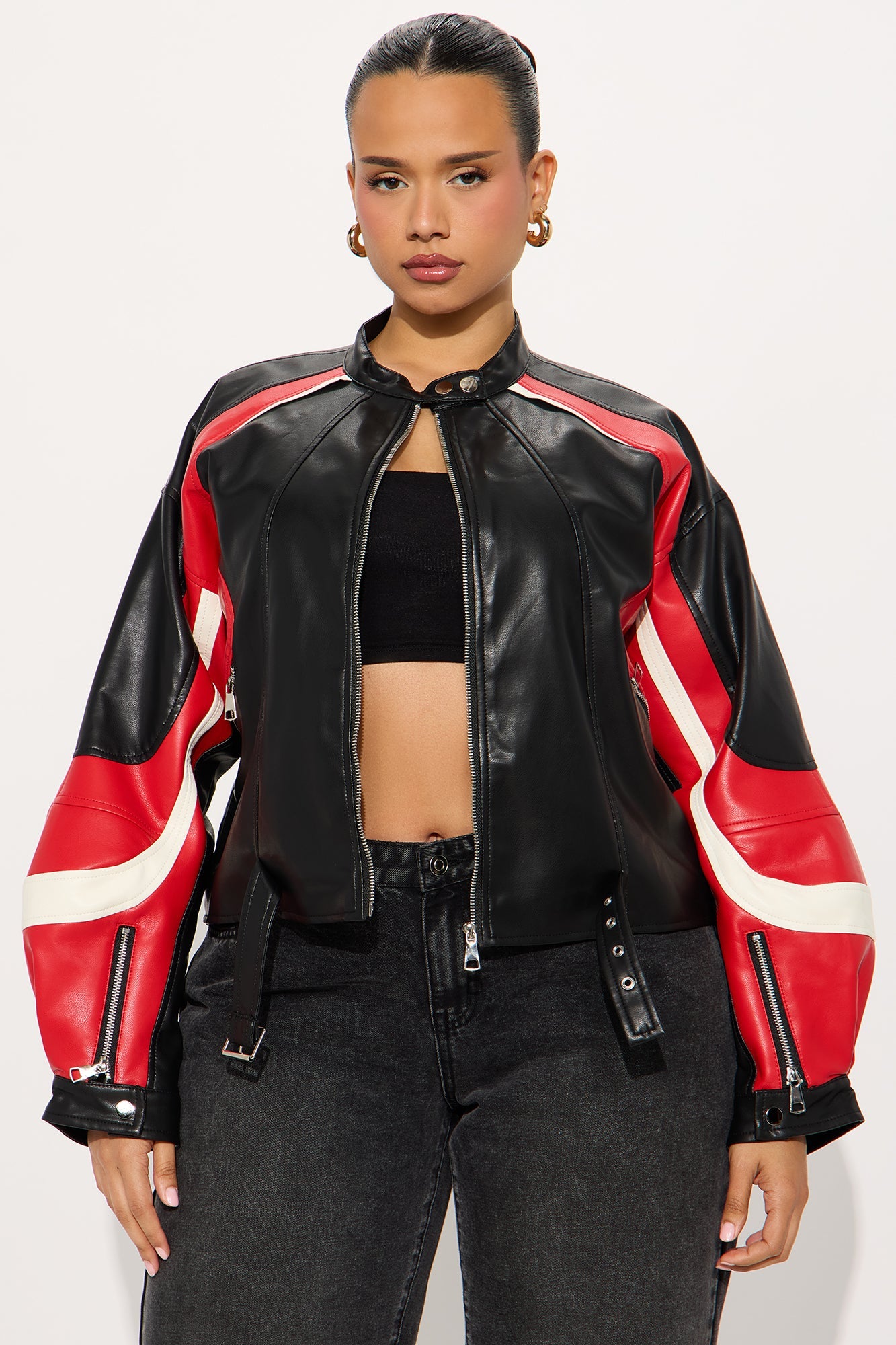 Stay In Line Faux Leather Racing Jacket - Red/combo