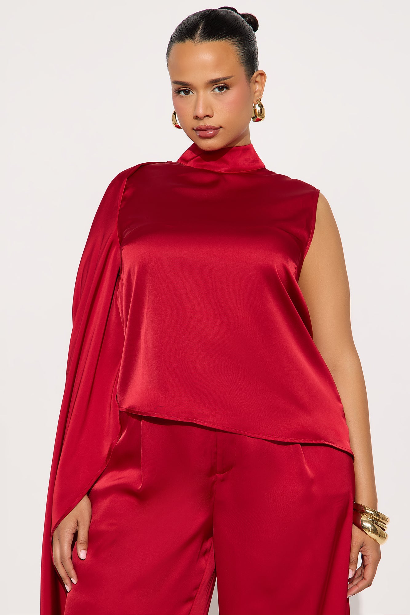 Karina Mock Neck Asymmetrical Wide Leg Pant Set - Red