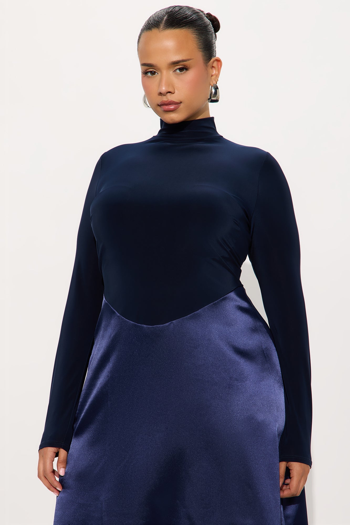 Angie Long Sleeve Satin Midi Dress - Navy