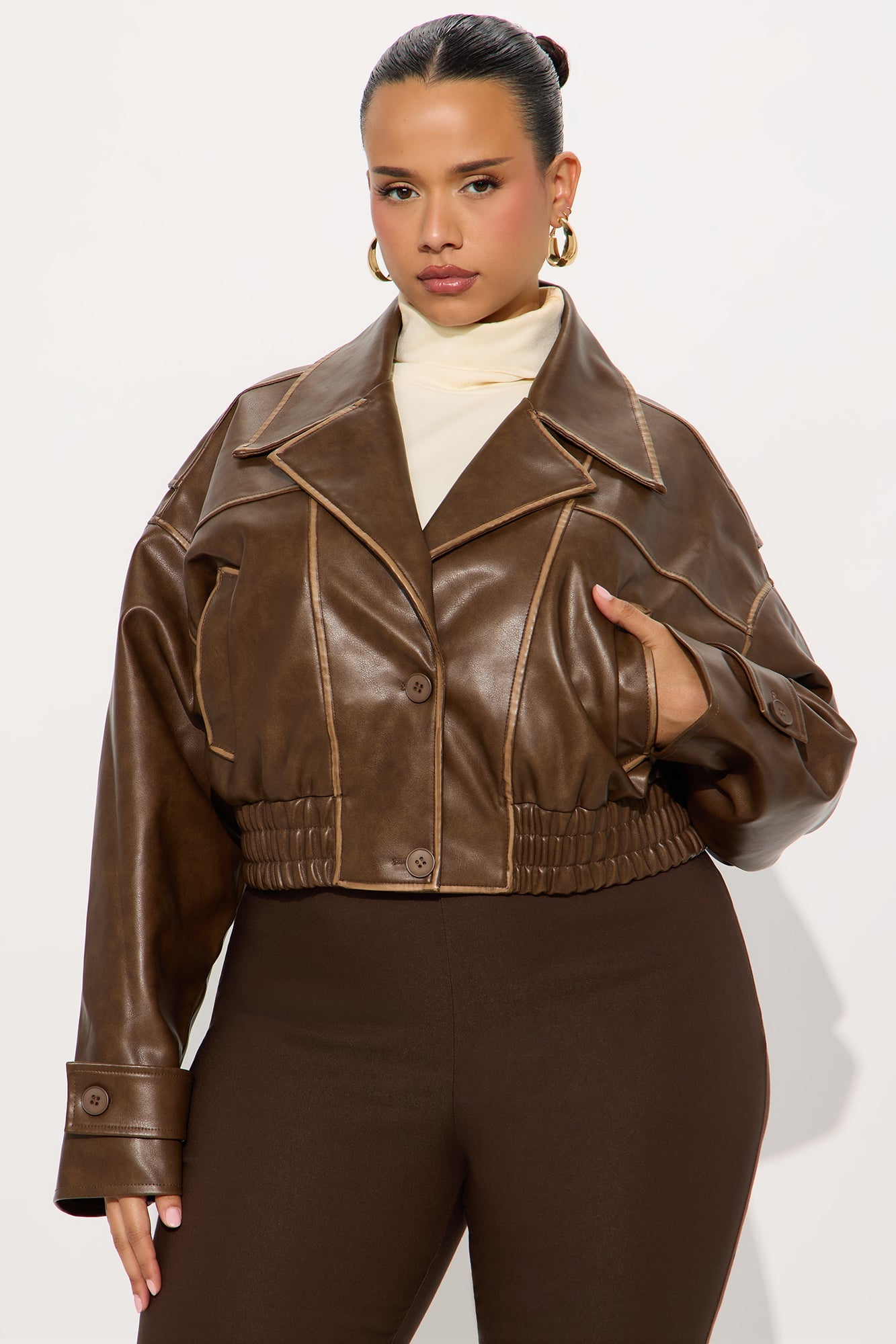 Kaiden Oversized Washed Faux Leather Jacket - Mocha