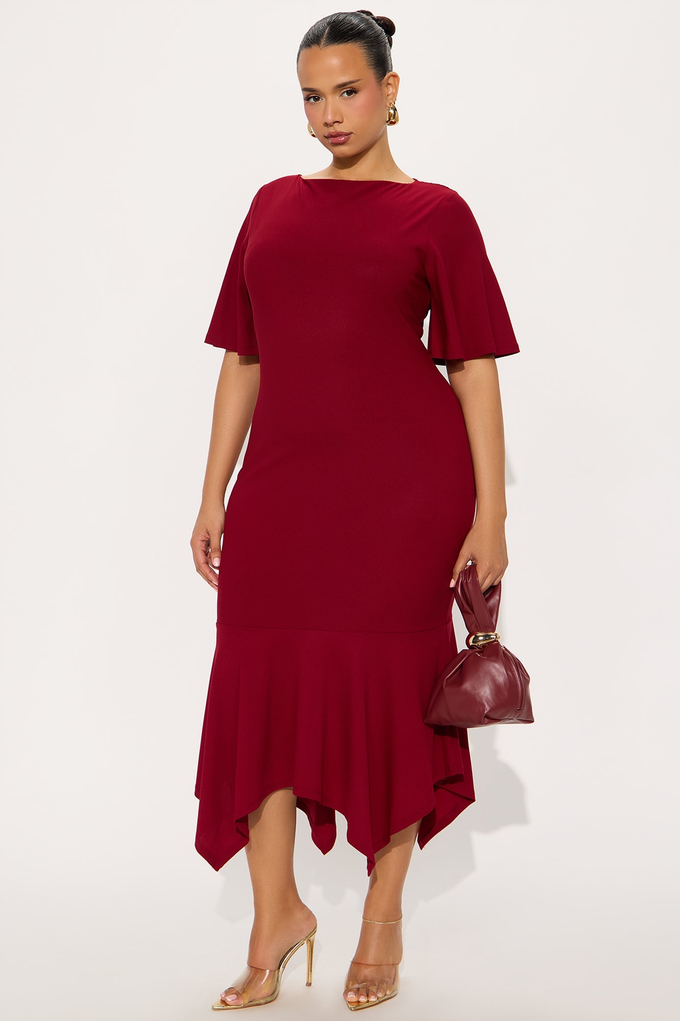 Audrina Asymmetrical Mermaid Midi Dress - Wine