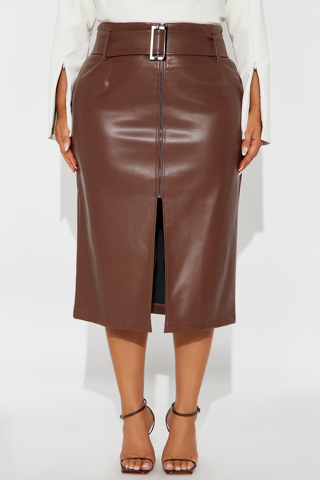 Play Fair Belted Zipper Faux Leather Pencil Skirt - Chocolate