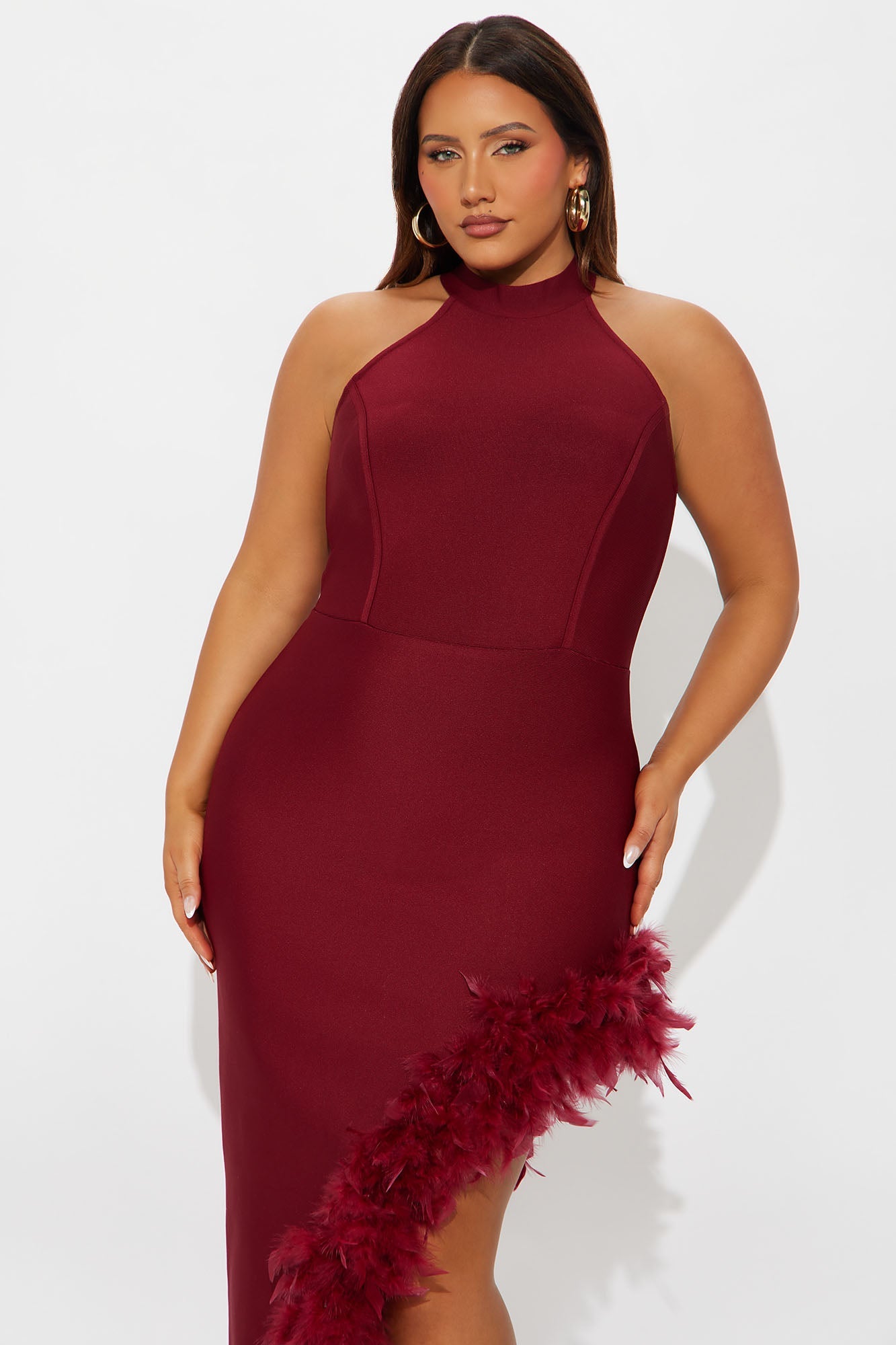 Jorgie Feathered Bandage Gown - Wine