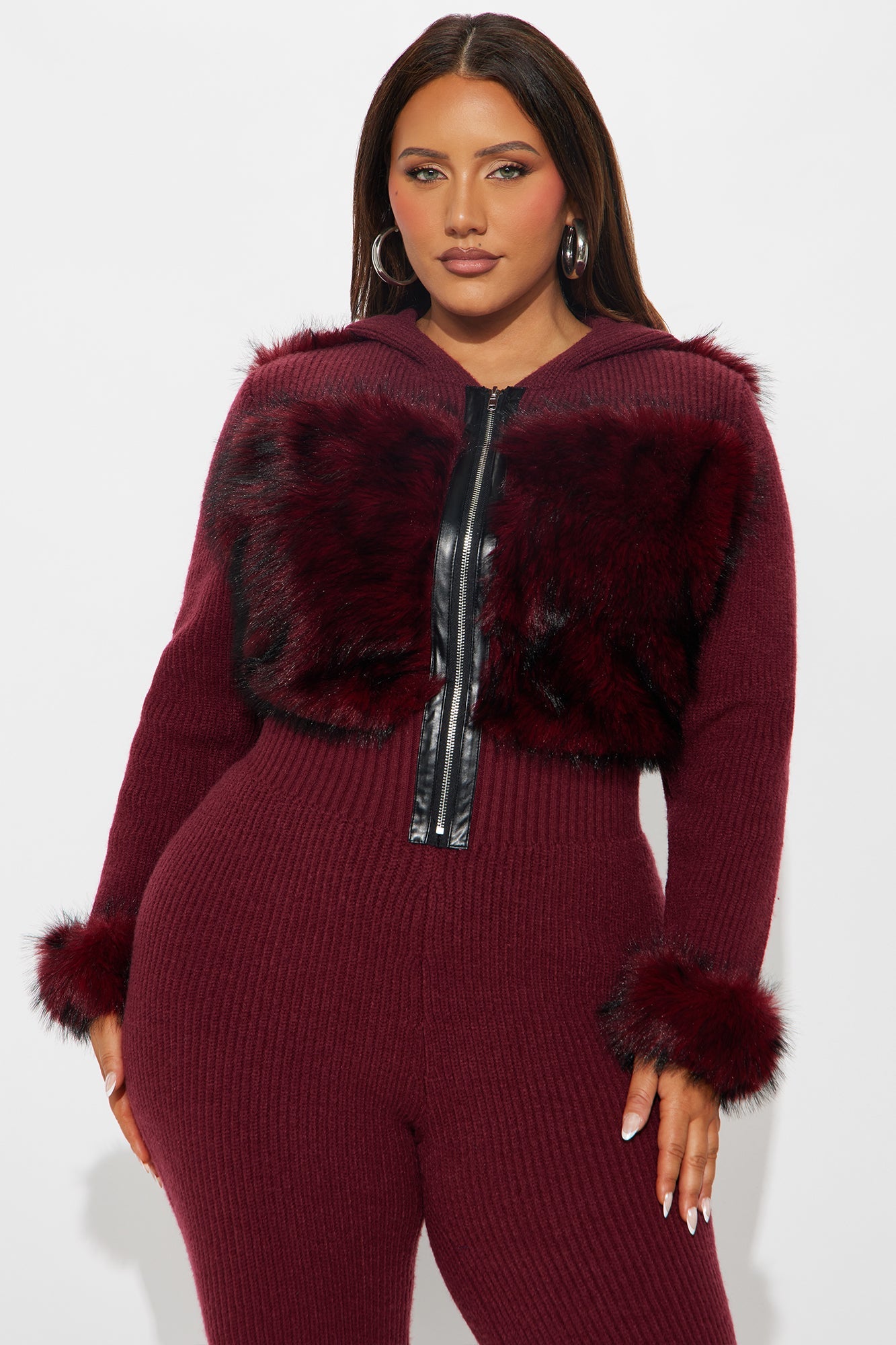 Soft Spoken Faux Fur Sweater Jumpsuit - Wine