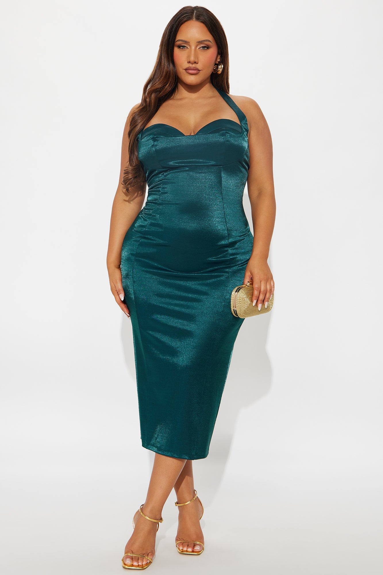 Tyra Halter Satin Midi Dress - Hunter Green