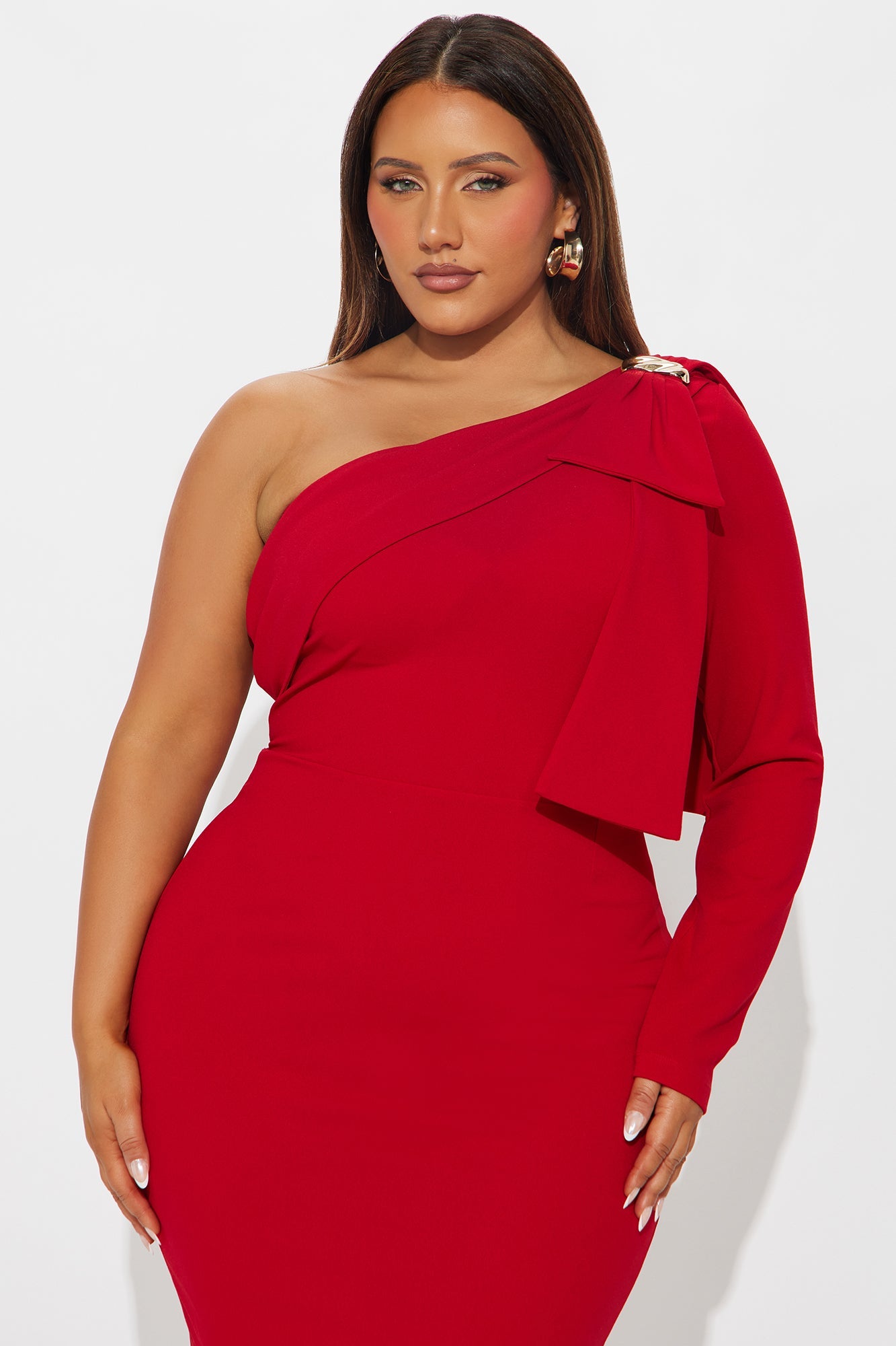 Taya One Shoulder Bow Midi Dress - Red