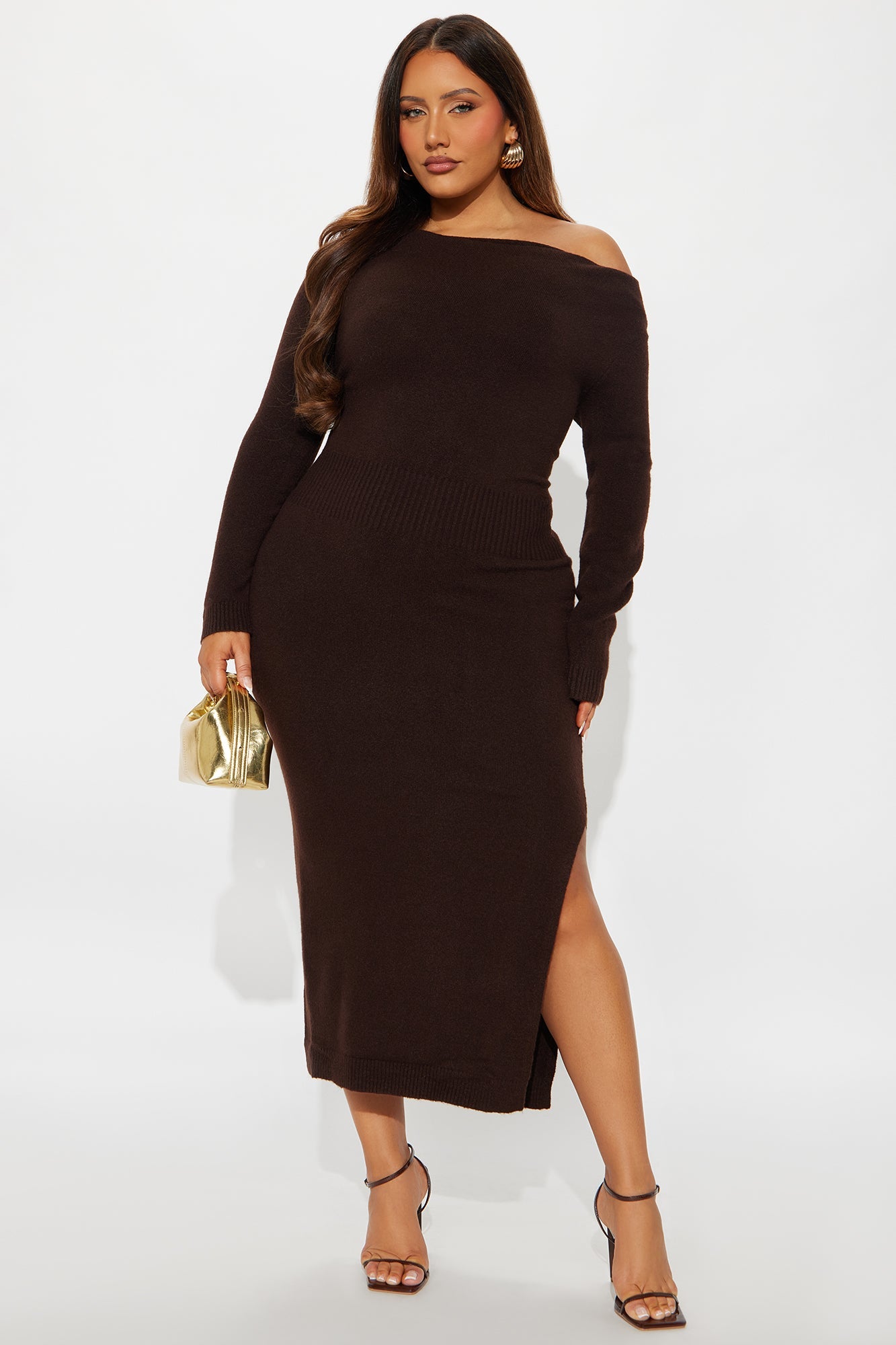 Stevie One Shoulder Sweater Midi Dress - Chocolate