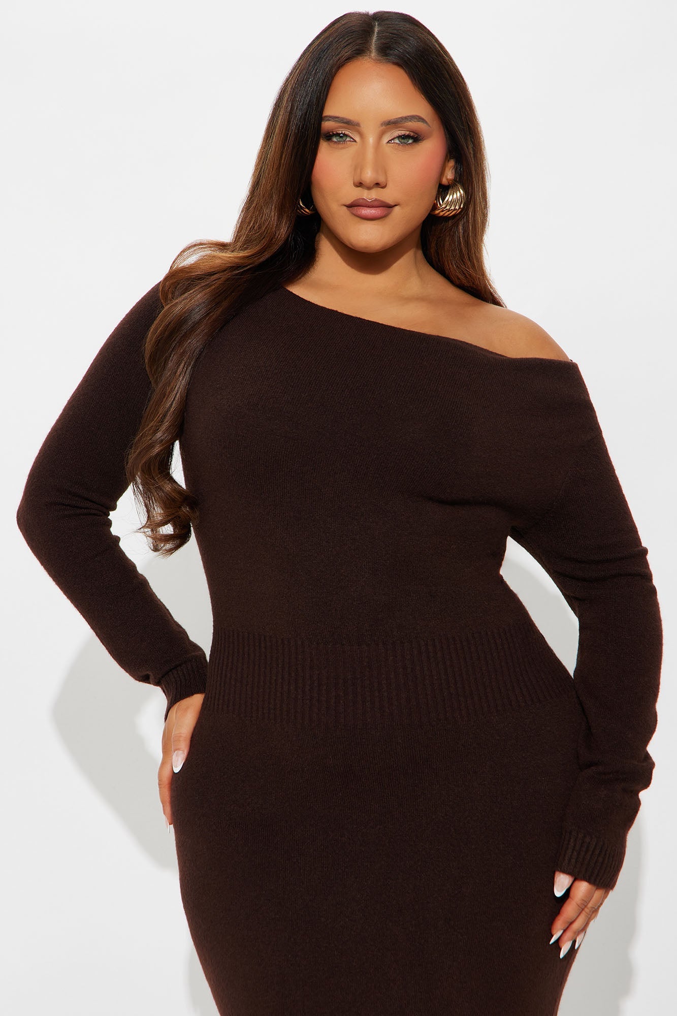 Stevie One Shoulder Sweater Midi Dress - Chocolate