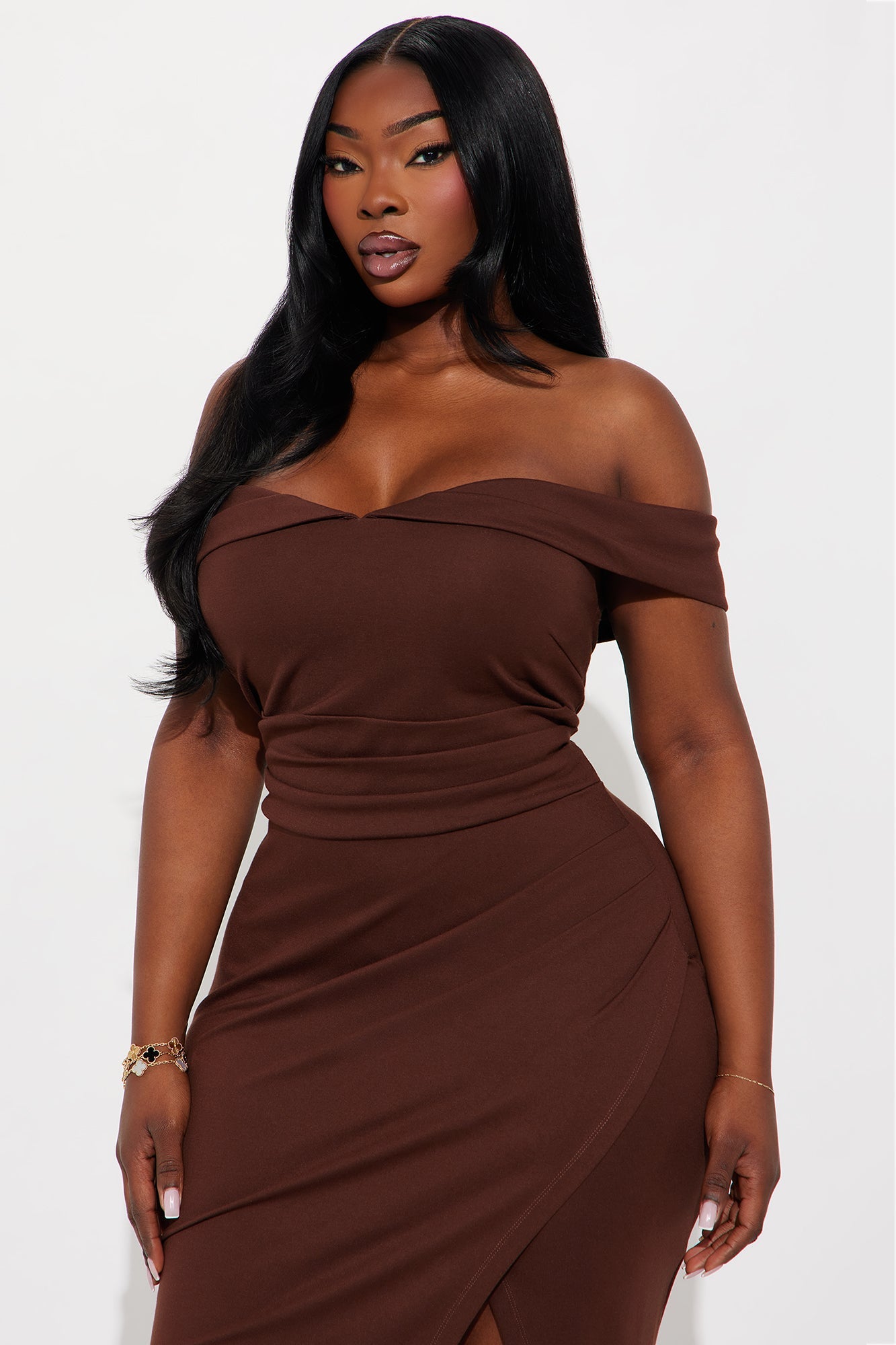 Samantha Off Shoulder Body Sculpting Ponte Midi Dress - Chocolate