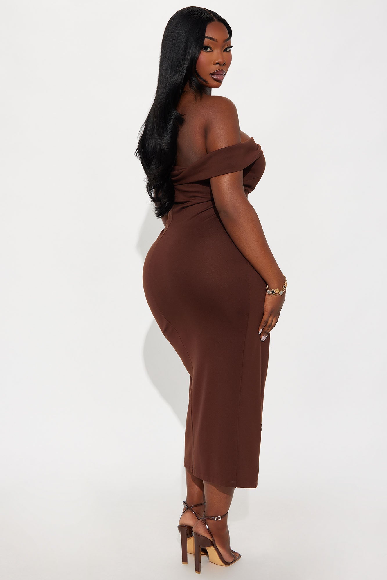 Samantha Off Shoulder Body Sculpting Ponte Midi Dress - Chocolate
