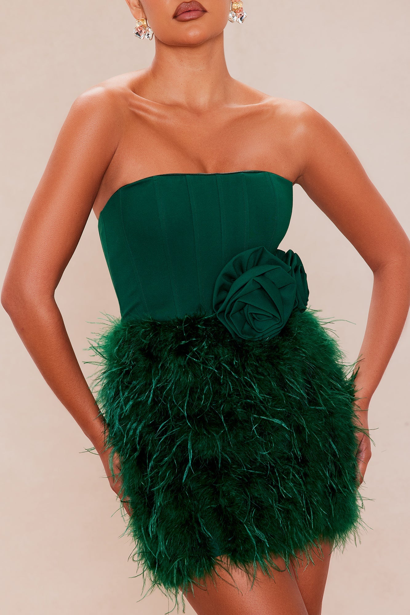Raylene Feathered Mini Dress - Hunter