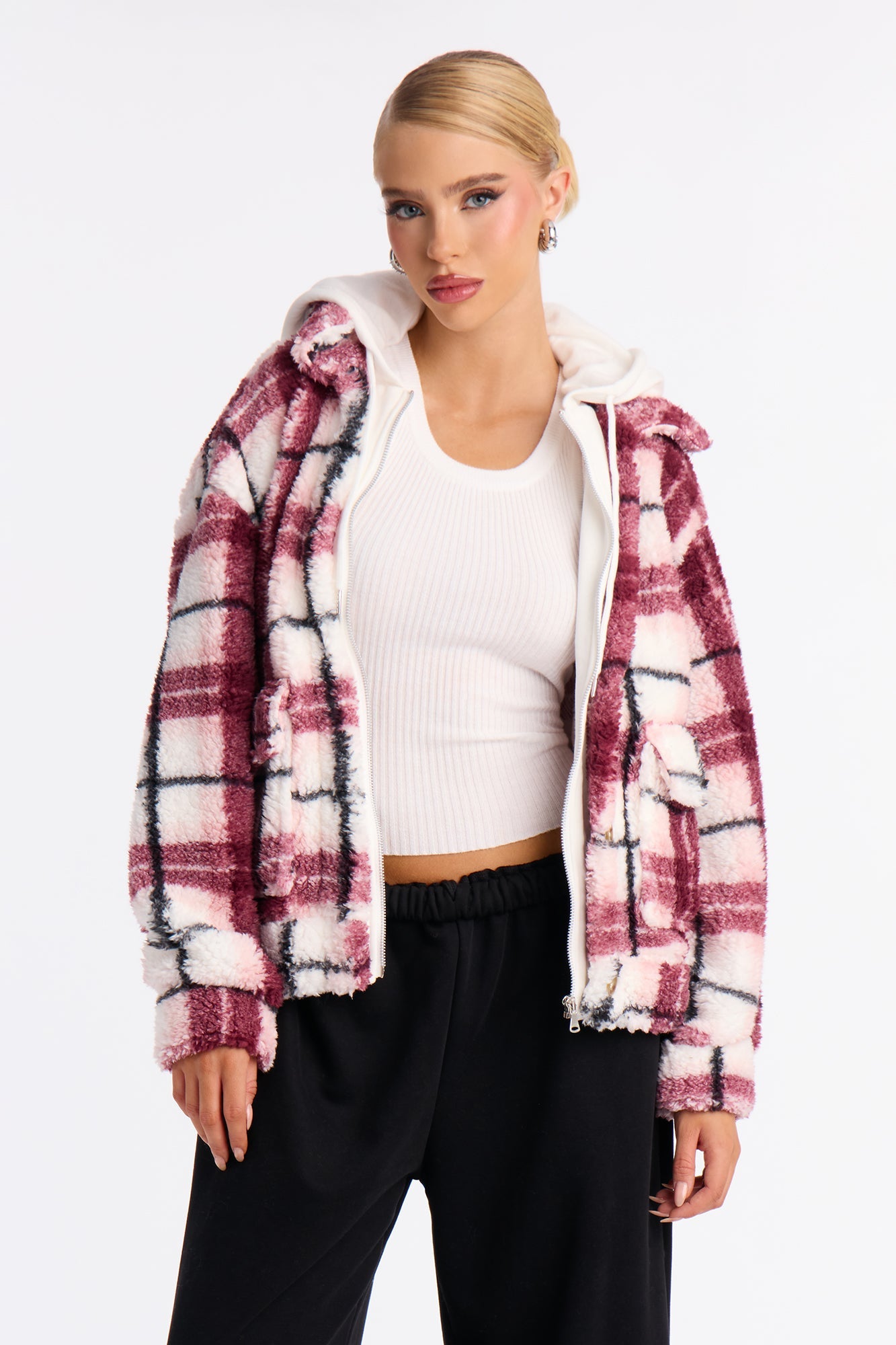 Out Of Town Plaid Sherpa Shacket - Pink/combo
