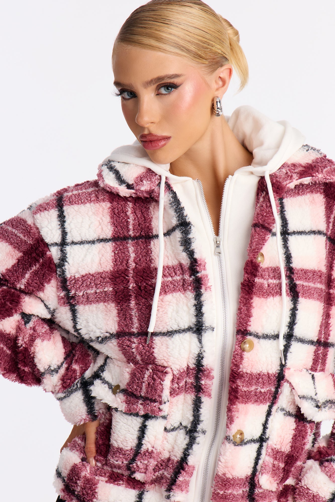 Out Of Town Plaid Sherpa Shacket - Pink/combo