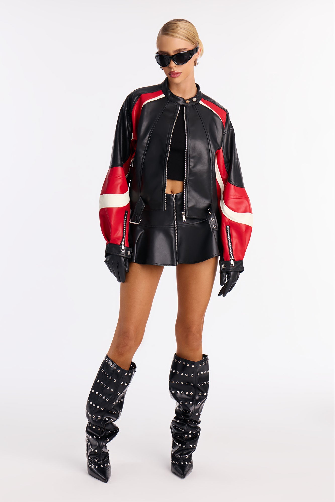 Stay In Line Faux Leather Racing Jacket - Red/combo