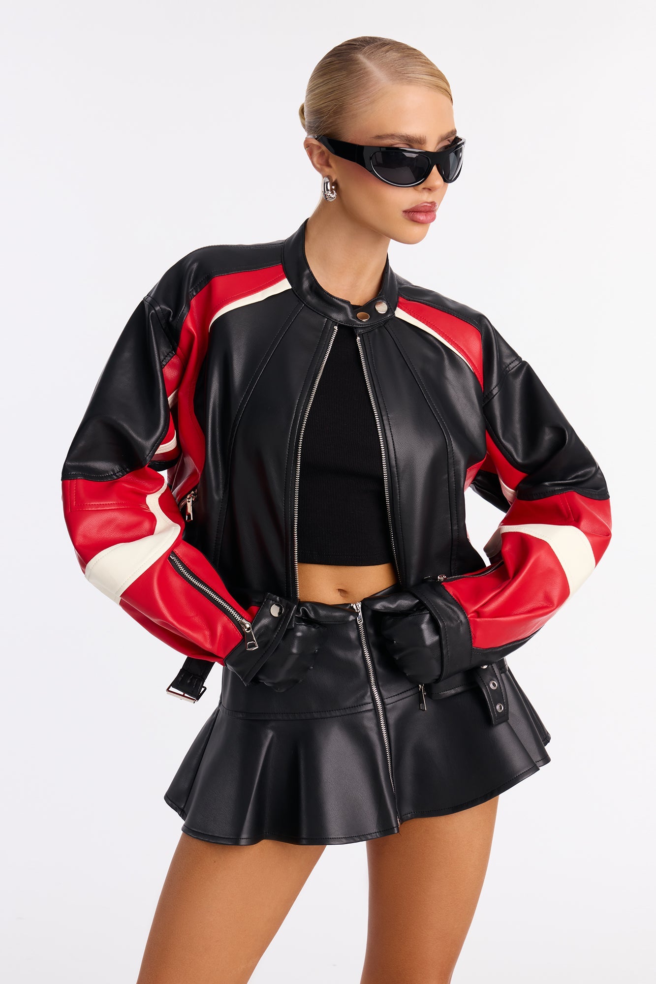 Stay In Line Faux Leather Racing Jacket - Red/combo