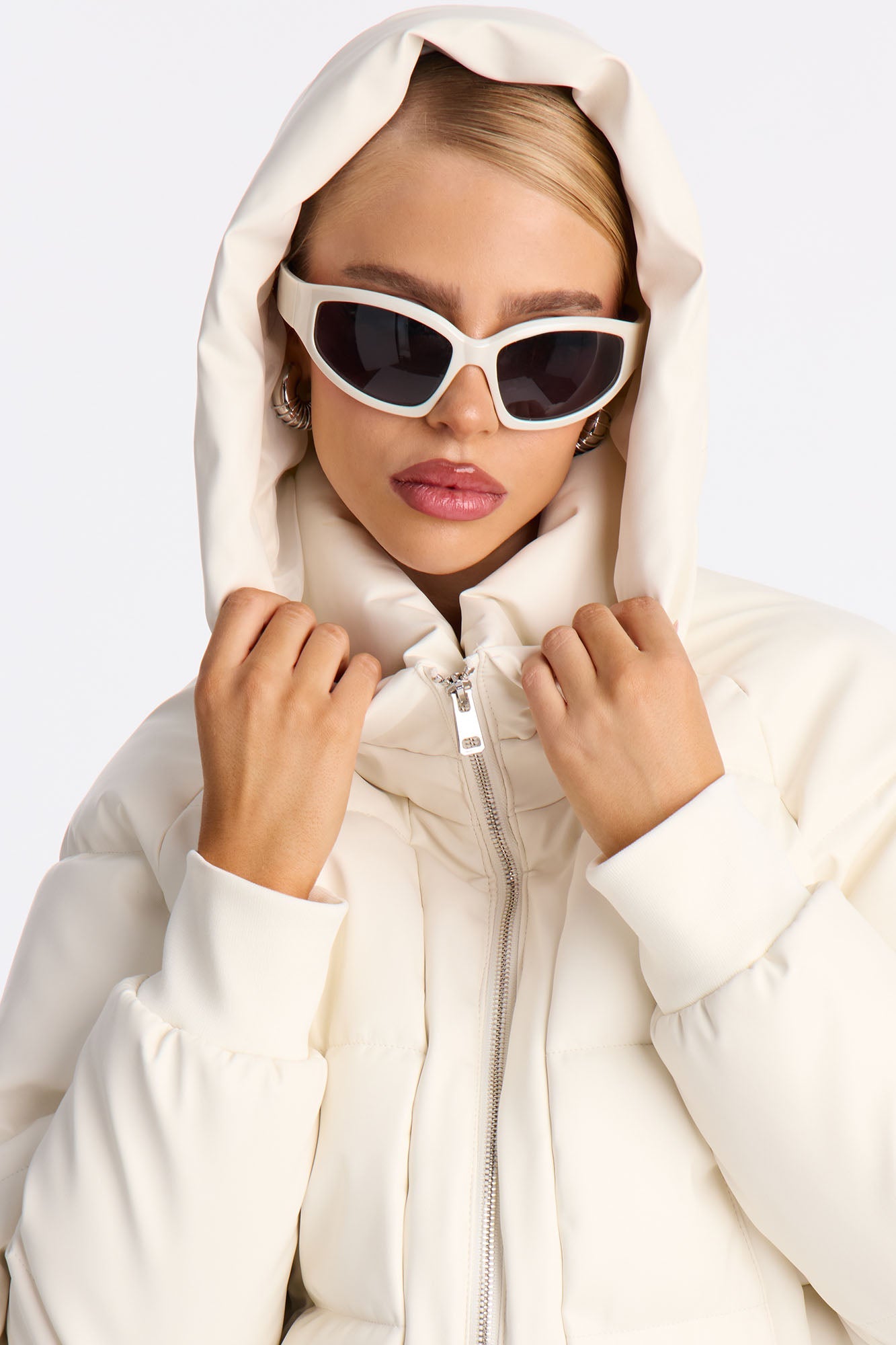 Angella Hooded Faux Leather Puffer - Cream