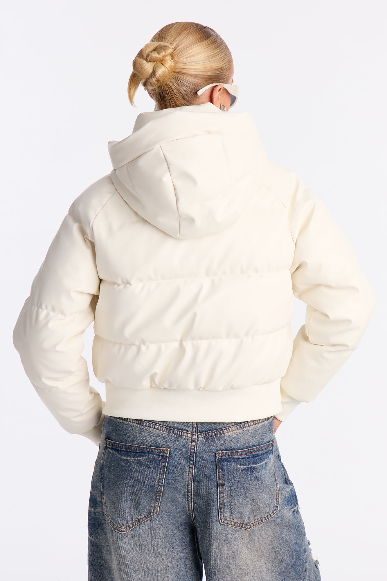Angella Hooded Faux Leather Puffer - Cream