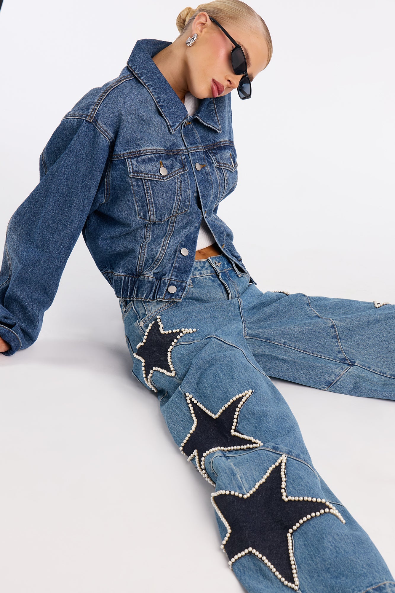 City Of Stars Embellished Wide Leg Jeans - Vintage Wash