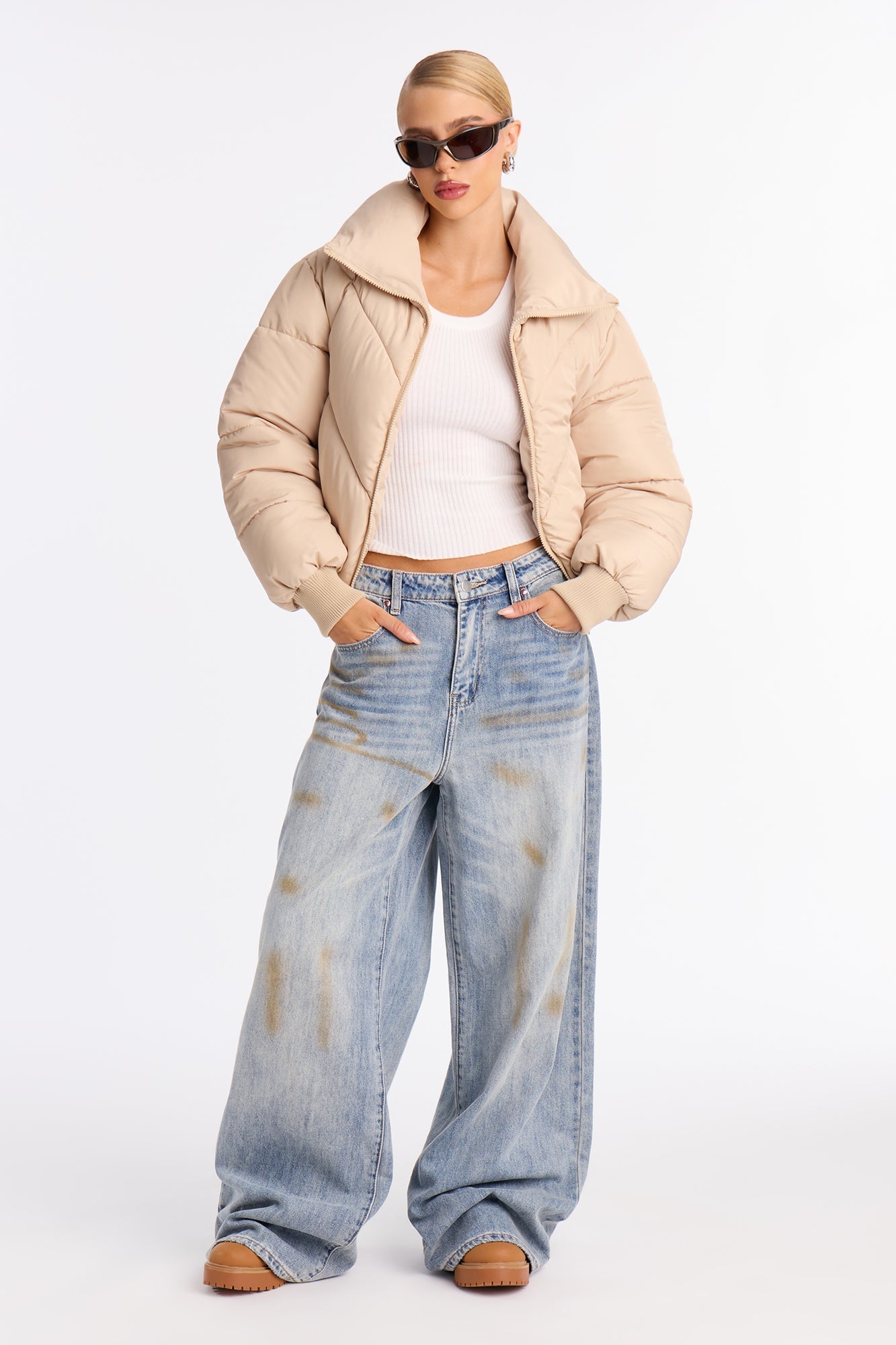 Cold Front Nylon Puffer Jacket - Beige