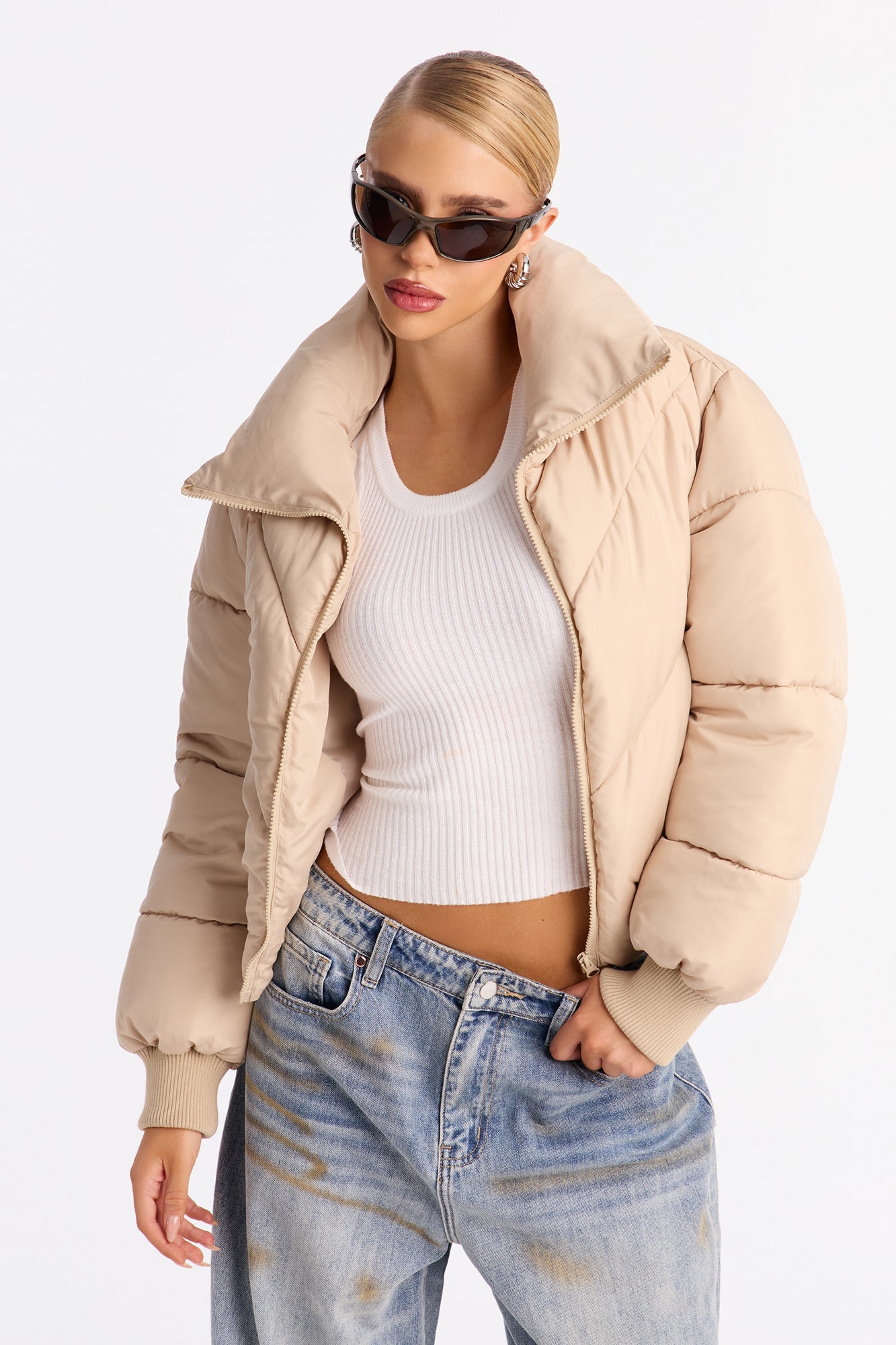 Cold Front Nylon Puffer Jacket - Beige