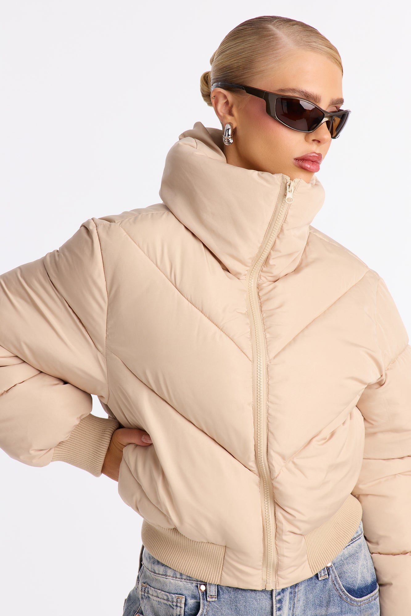 Cold Front Nylon Puffer Jacket - Beige