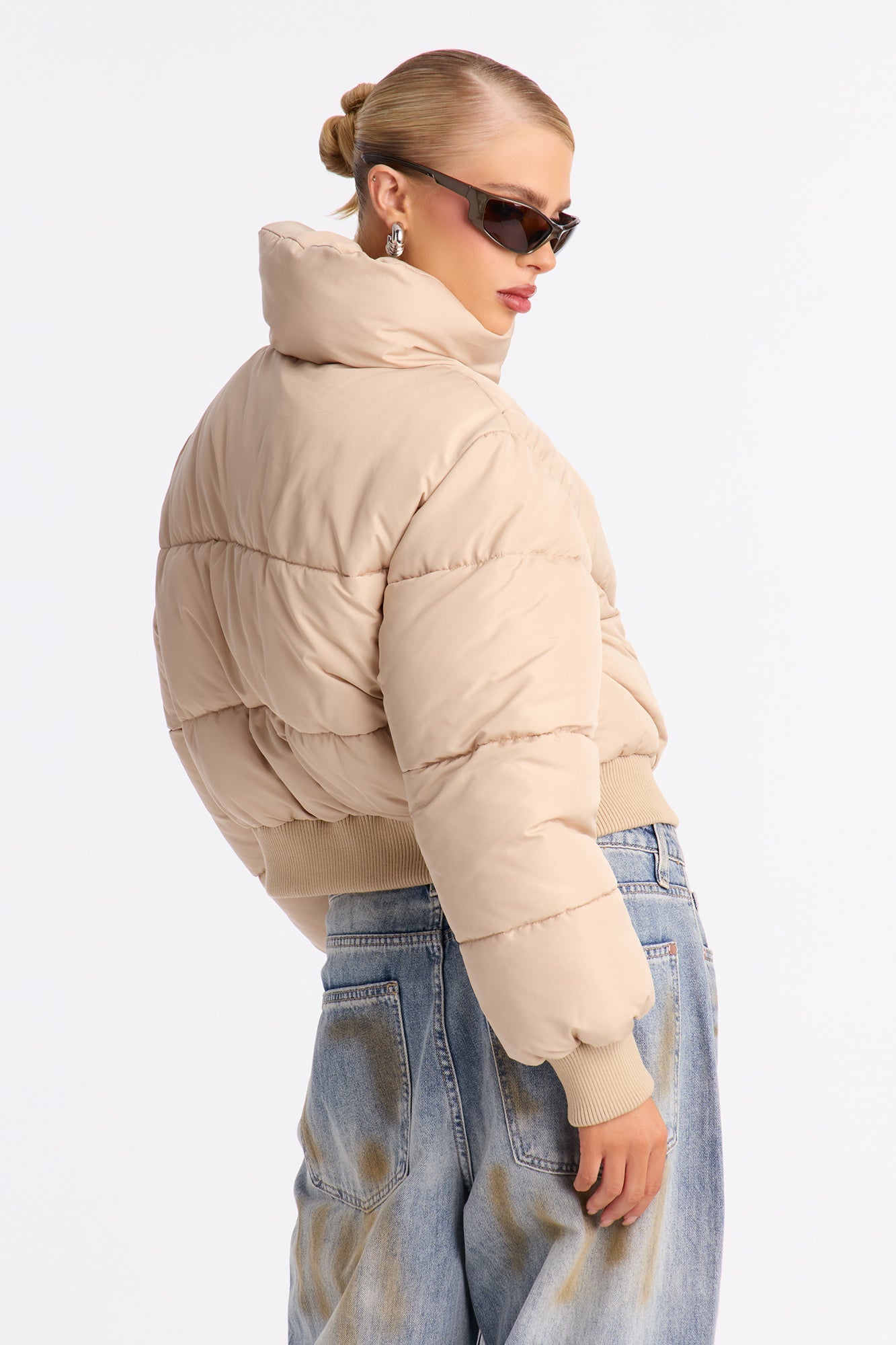 Cold Front Nylon Puffer Jacket - Beige