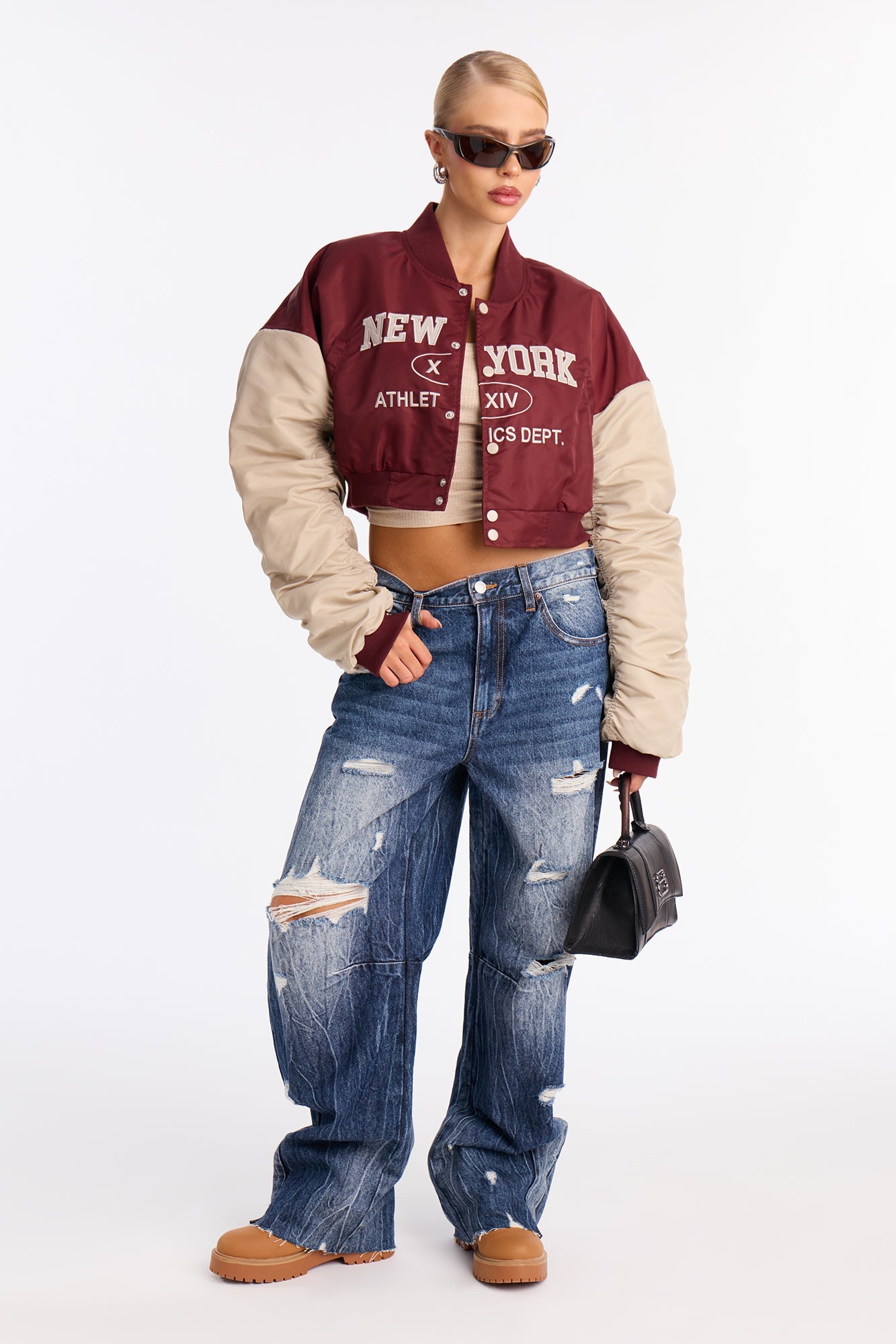 New York Athletics Cropped Ruched Bomber Jacket - Burgundy/combo