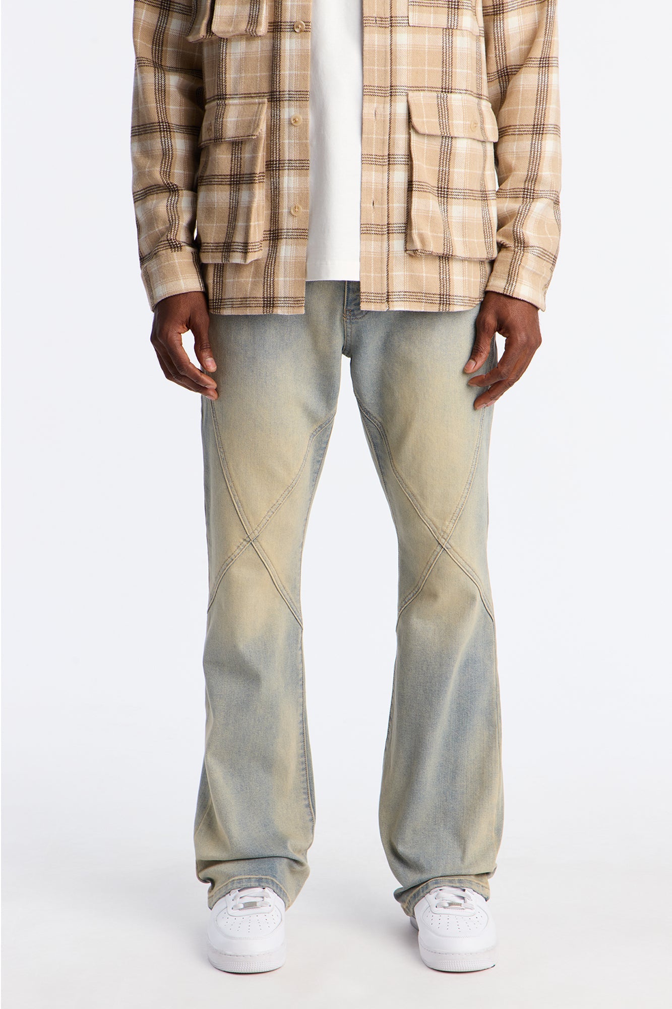 Stacked Skinny Flare Cross Panel Jean - Vintage Blue Wash