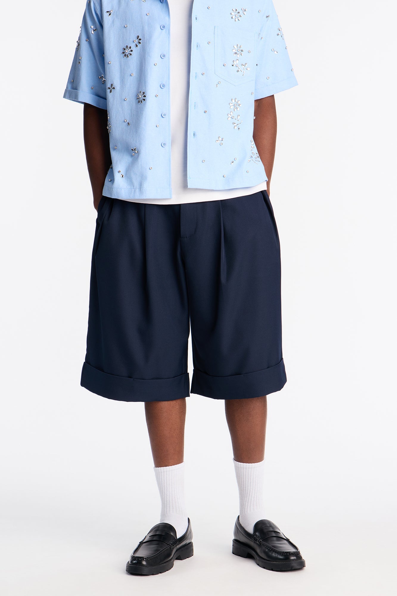 Wide Leg Double Pleated Grammercy Short - Navy