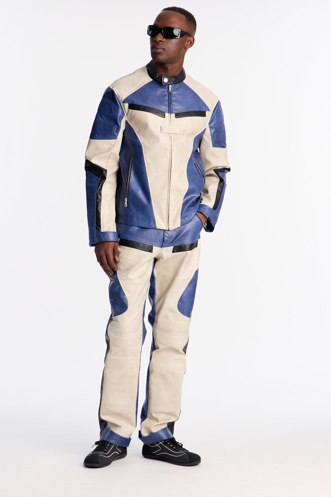 Ignition Paneled Faux Leather Moto Jacket - Blue/combo