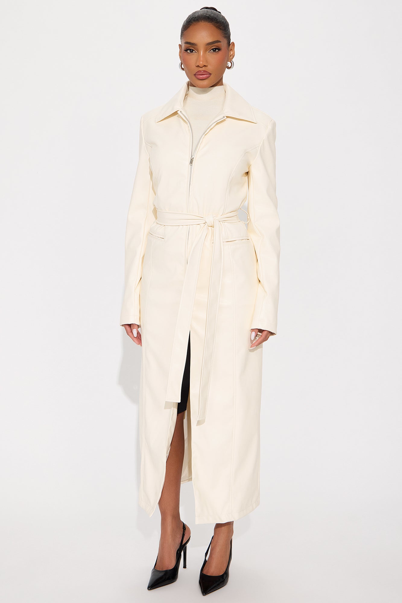 Kennedy Belted Faux Leather Zip Up Coat - Bone