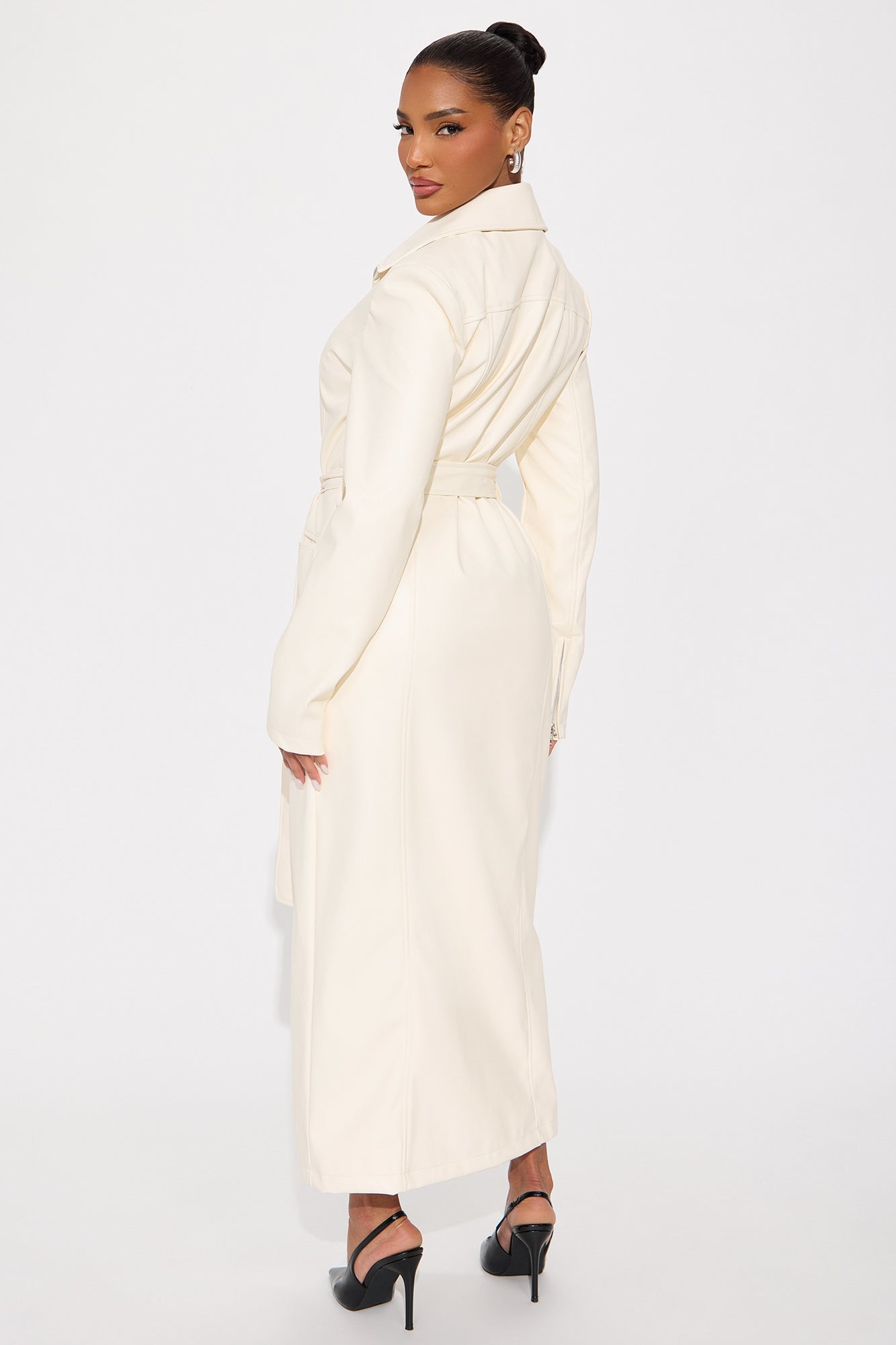 Kennedy Belted Faux Leather Zip Up Coat - Bone