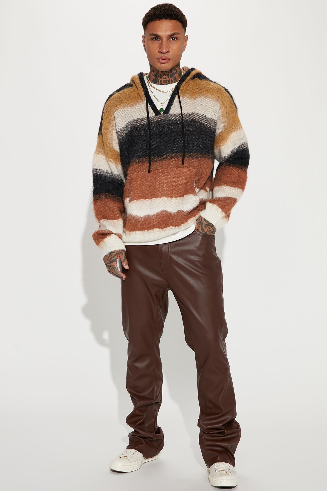 Oversized Striped Wool Hooded Sweater - Black