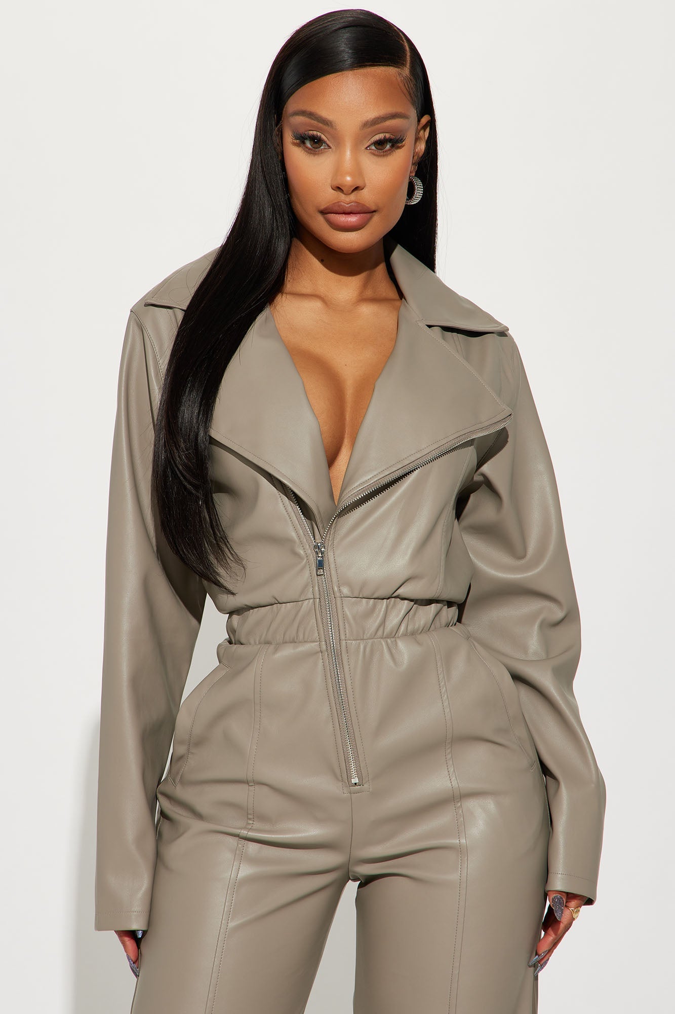 Downtown Gal Faux Leather Jumpsuit - Grey