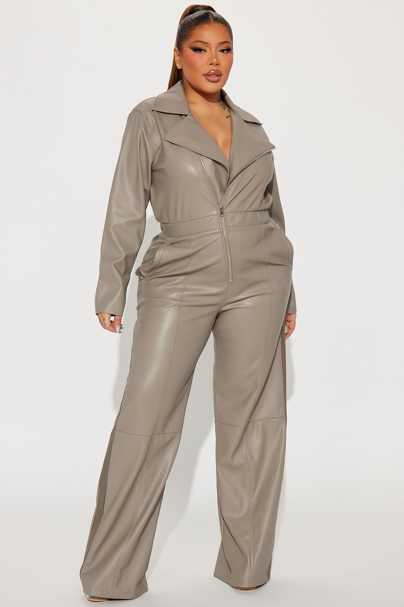 Downtown Gal Faux Leather Jumpsuit - Grey