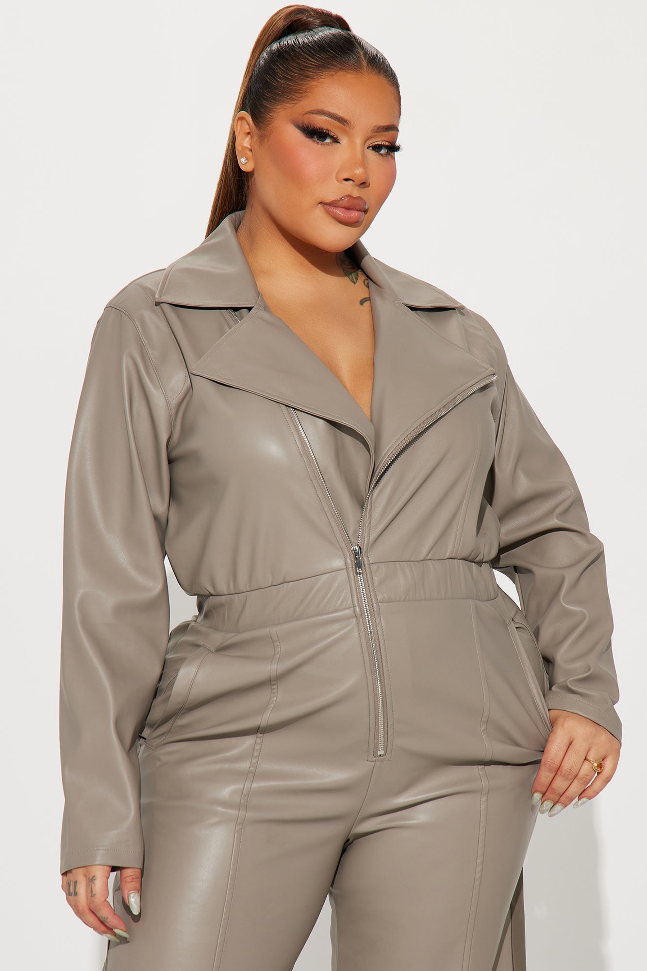 Downtown Gal Faux Leather Jumpsuit - Grey