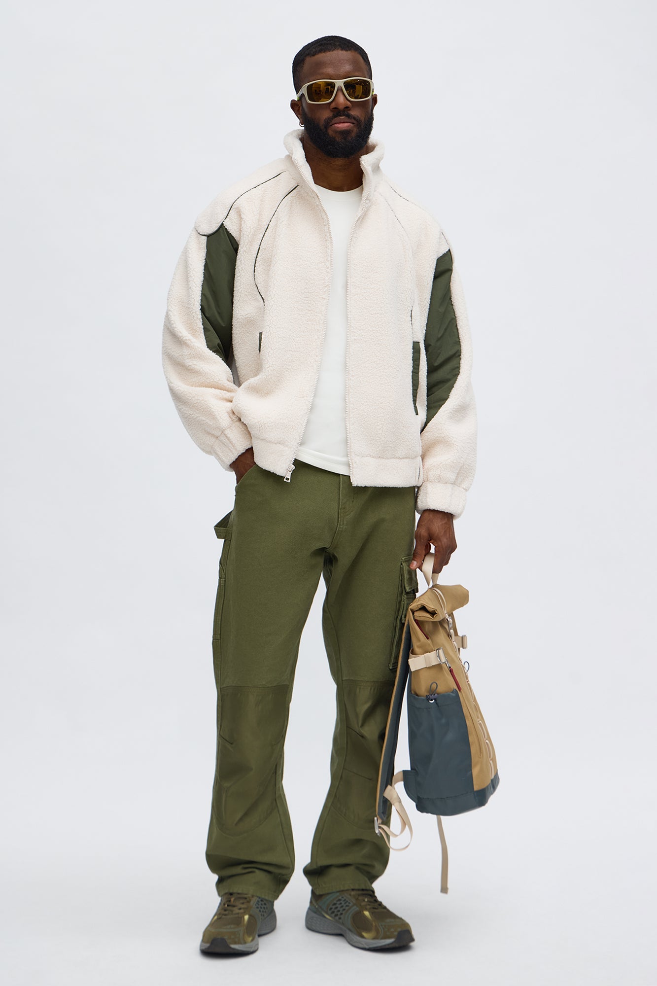 Relaxed Sherpa Paneled Piped Bomber Jacket - Beige