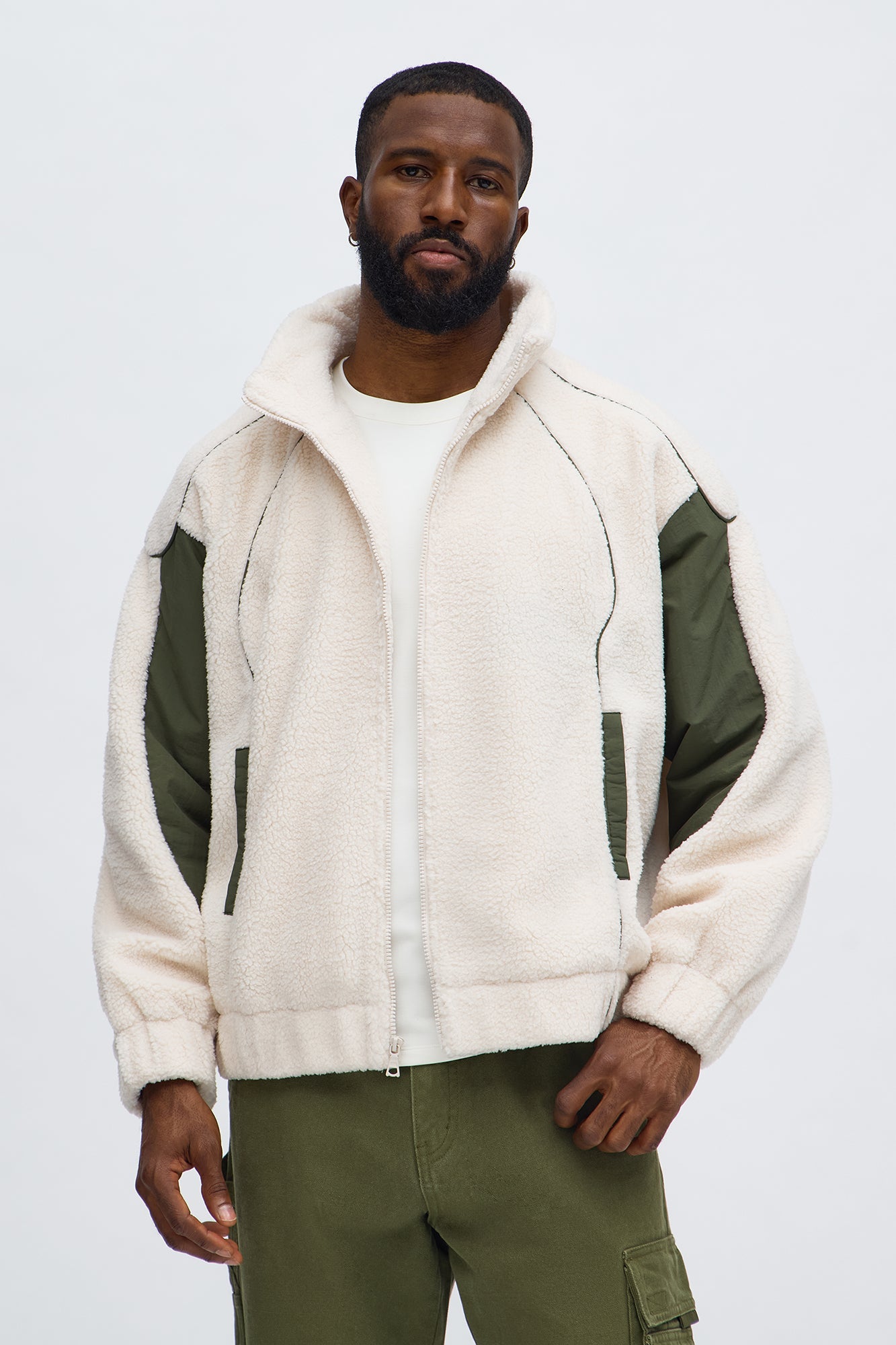 Relaxed Sherpa Paneled Piped Bomber Jacket - Beige